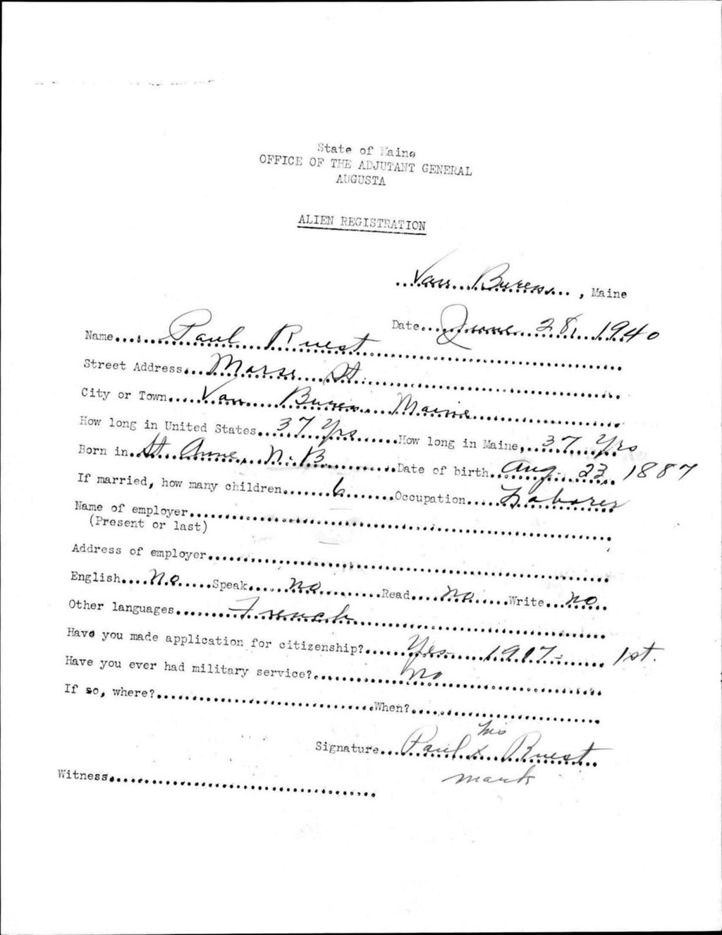 Miniature of Alien Registration- Ruest, Paul (Van Buren, Aroostook County)
