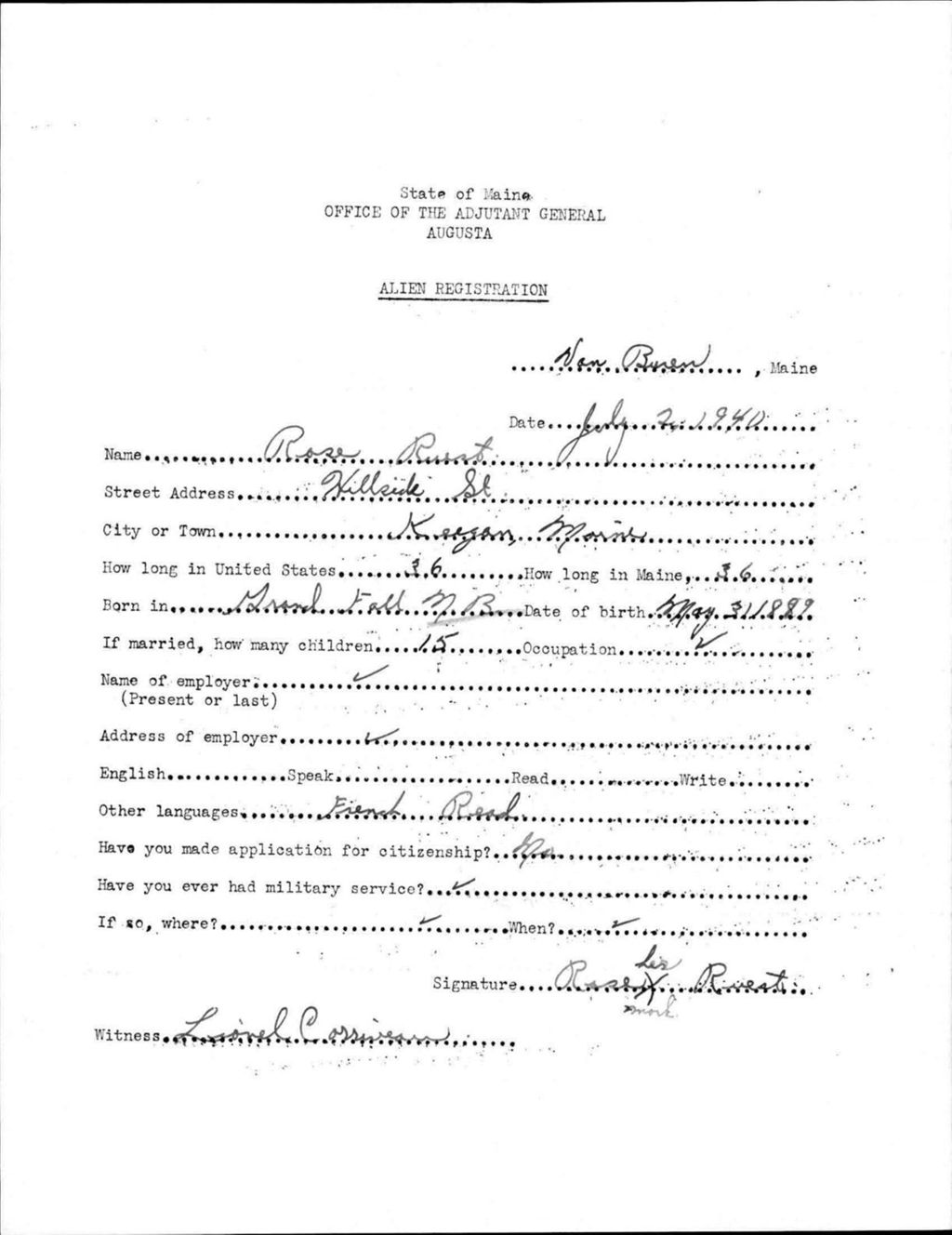 Miniature of Alien Registration- Ruest, Rose (Van Buren, Aroostook County)
