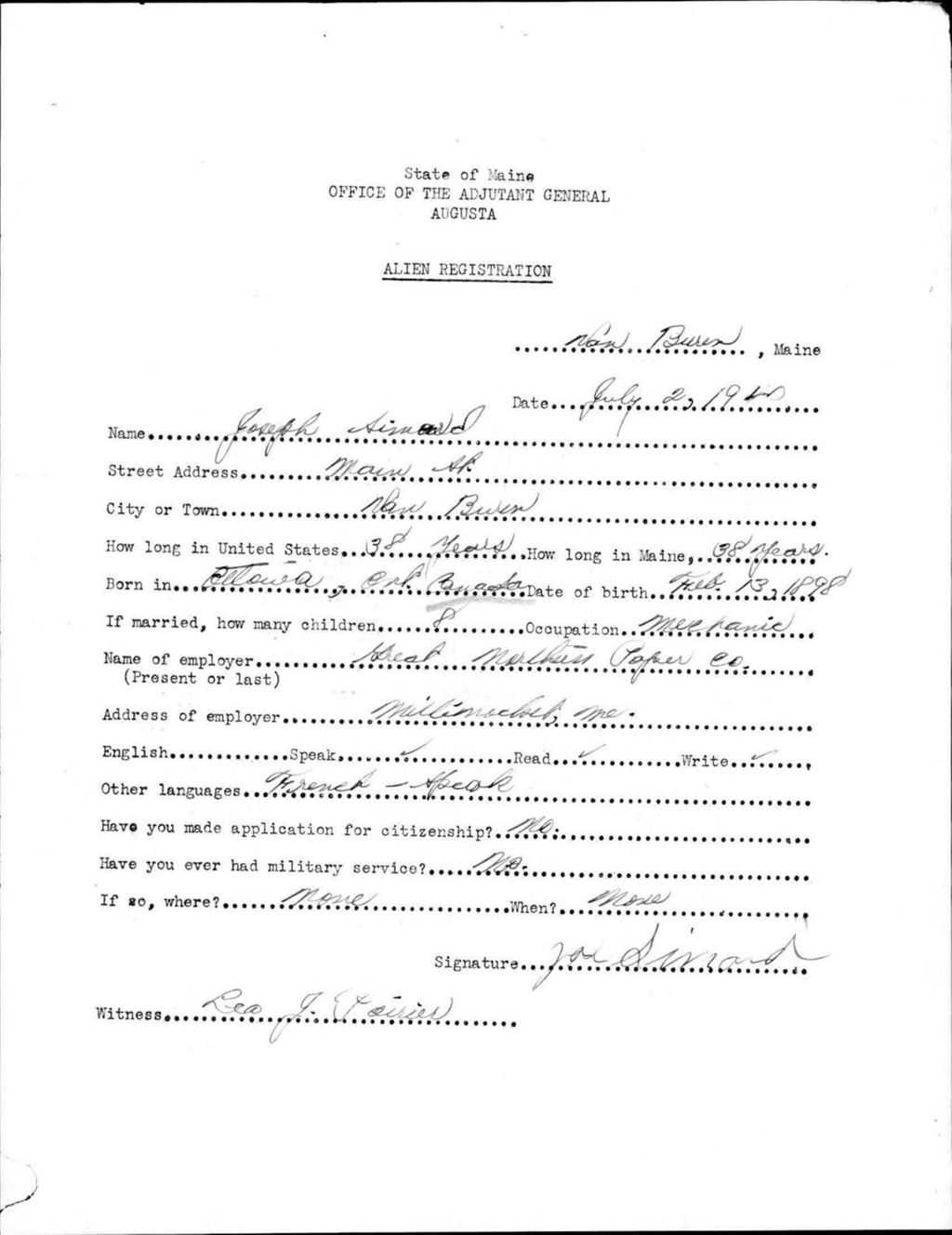 Miniature of Alien Registration- Simard, Joseph (Van Buren, Aroostook County)