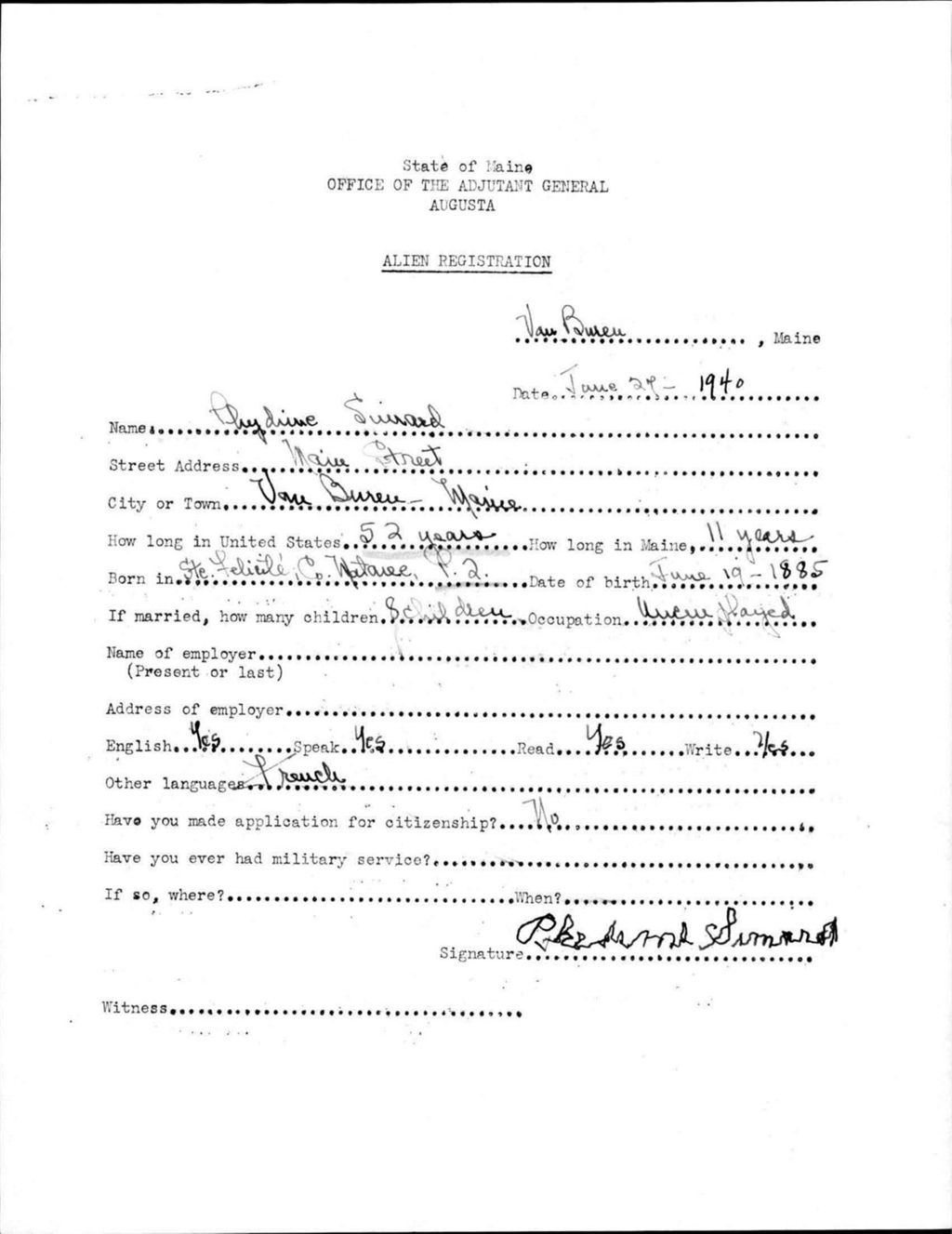 Miniature of Alien Registration- Simard, Phydine (Van Buren, Aroostook County)