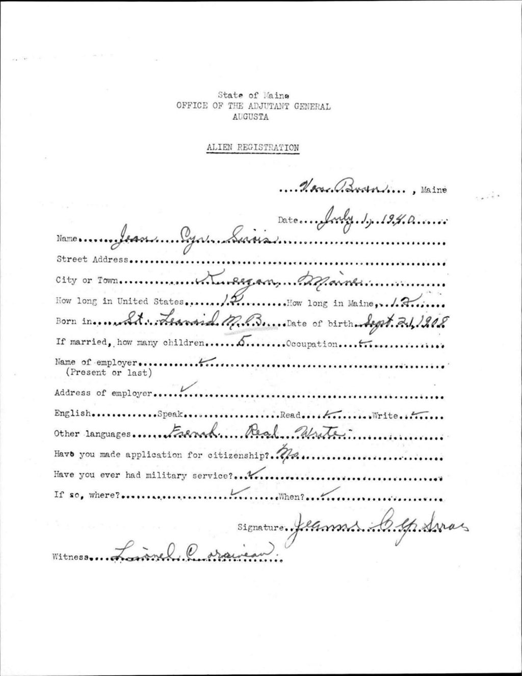 Miniature of Alien Registration- Cyr, Jean (Van Buren, Aroostook County)