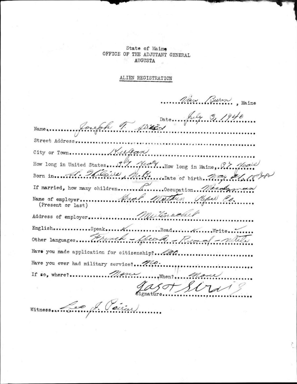 Miniature of Alien Registration- Sirois, Joseph T. (Van Buren, Aroostook County)