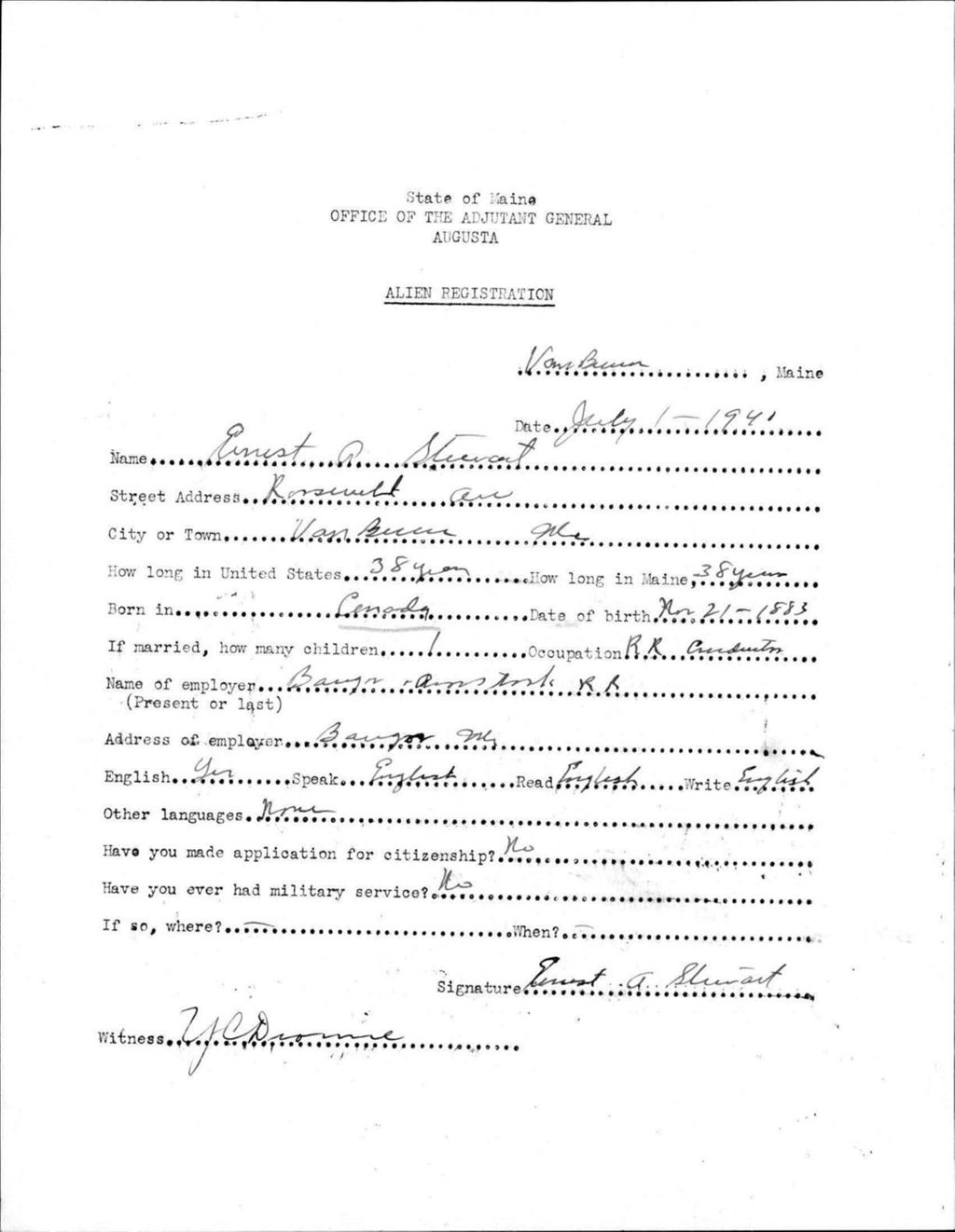 Miniature of Alien Registration- Stewart, Ernest R. (Van Buren, Aroostook County)