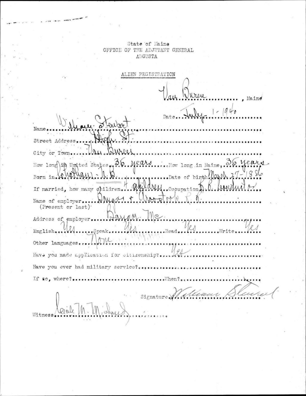 Miniature of Alien Registration- Stewart, William (Van Buren, Aroostook County)