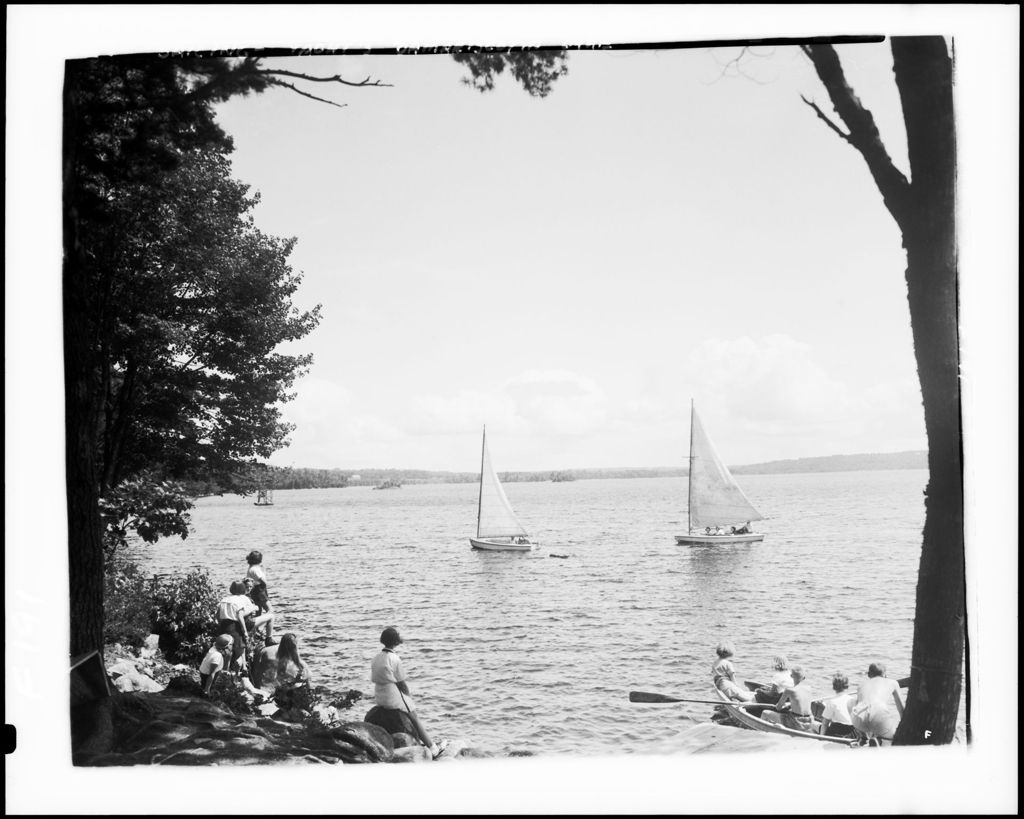 Miniature of Group Of Girls On Shore Watching Two Small Sailboats At Damariscotta Lake