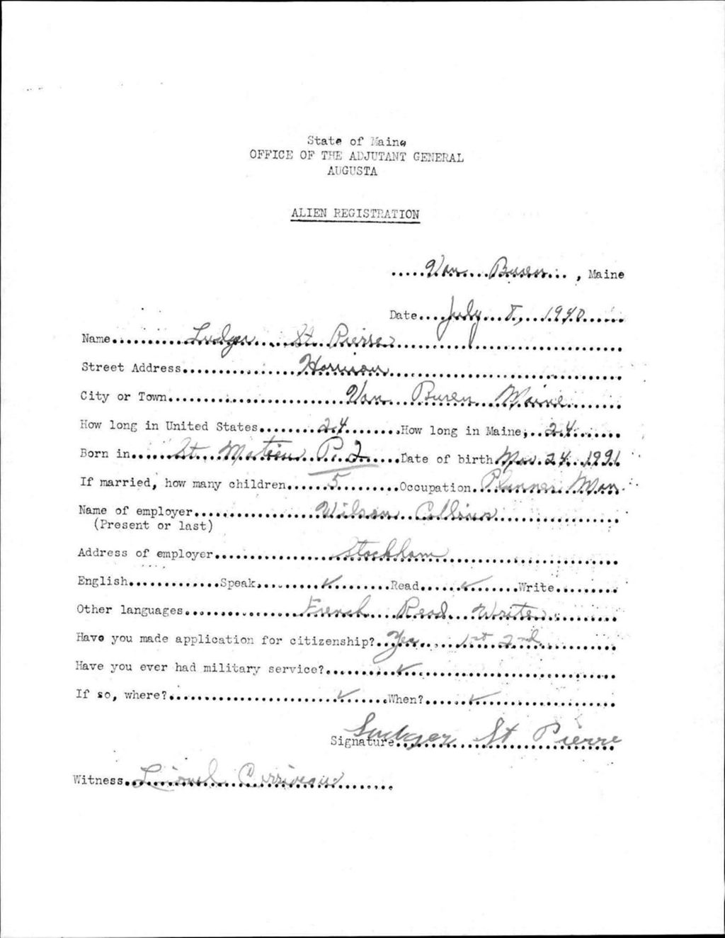Miniature of Alien Registration- St Pierre, Ludger (Van Buren, Aroostook County)