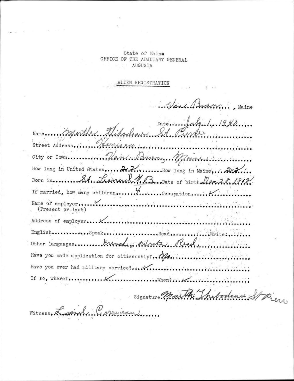 Miniature of Alien Registration- Thibodeau, Martle (Van Buren, Aroostook County)