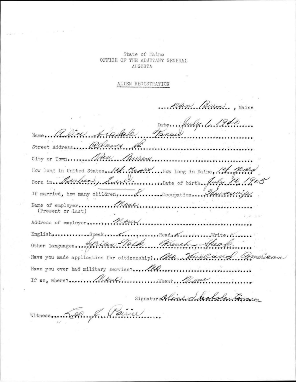 Miniature of Alien Registration- Skolala, Alice (Van Buren, Aroostook County)