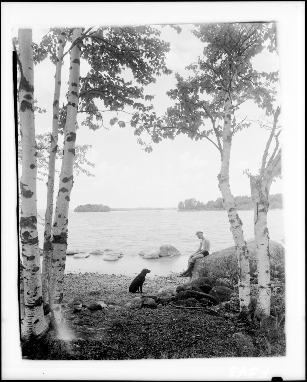 Miniature of Man And His Dog Sitting On Shore Of A Lake