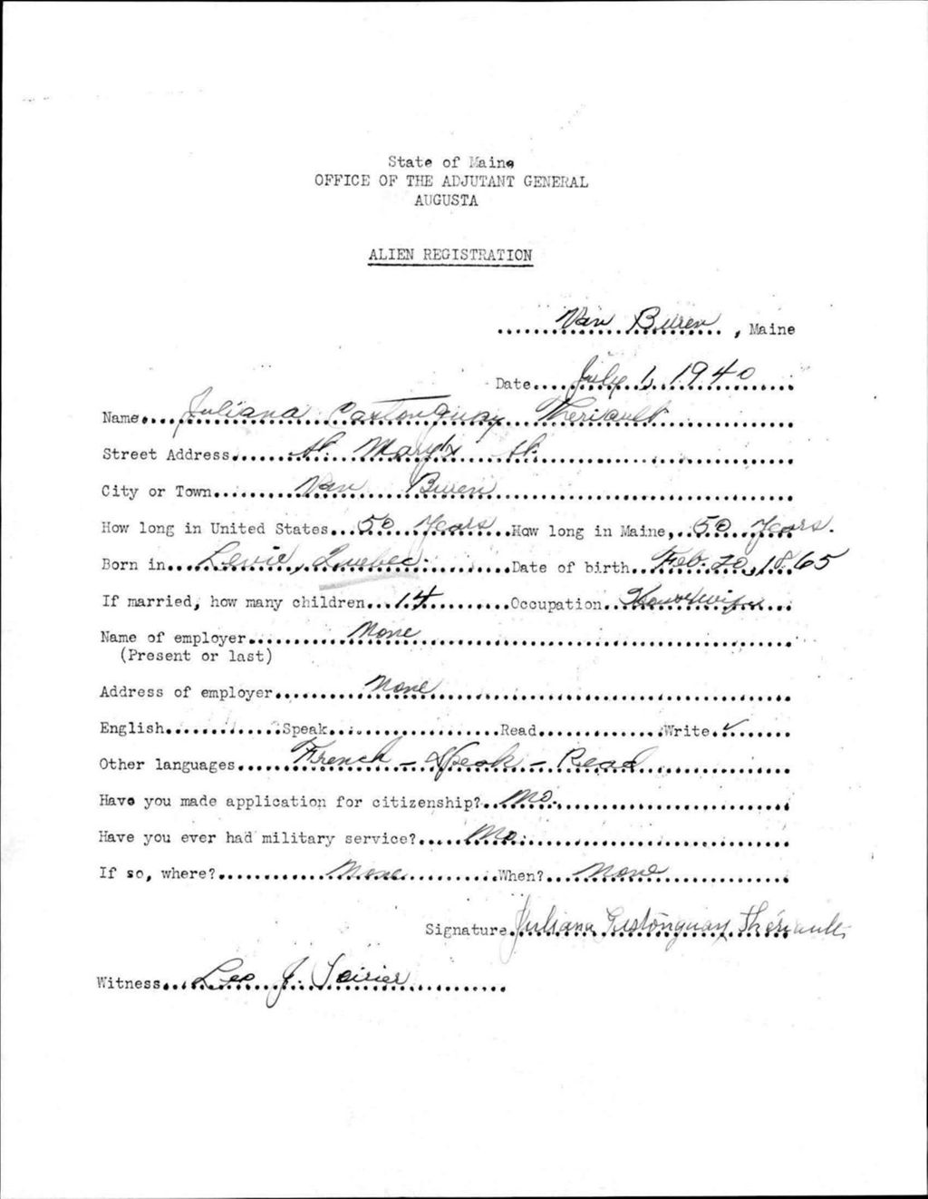 Miniature of Alien Registration- Castonguay, Juliana (Van Buren, Aroostook County)