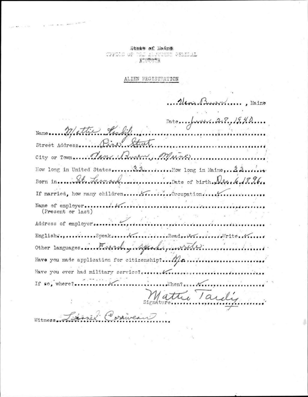 Miniature of Alien Registration- Tardif, Mattie (Van Buren, Aroostook County)