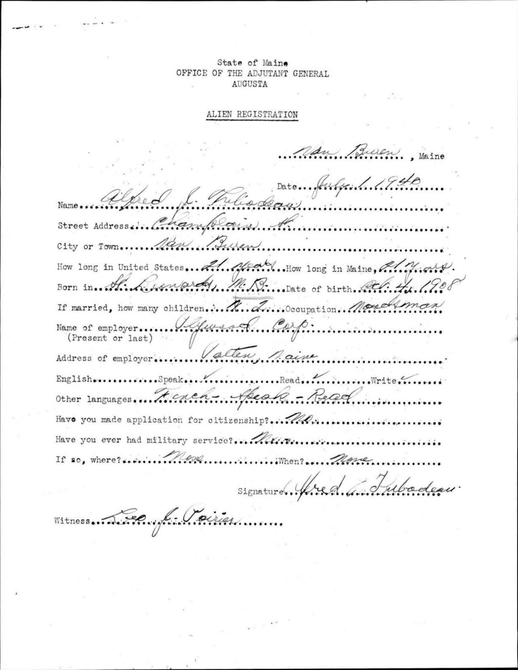 Miniature of Alien Registration- Thibodeau, Alfred J. (Van Buren, Aroostook County)