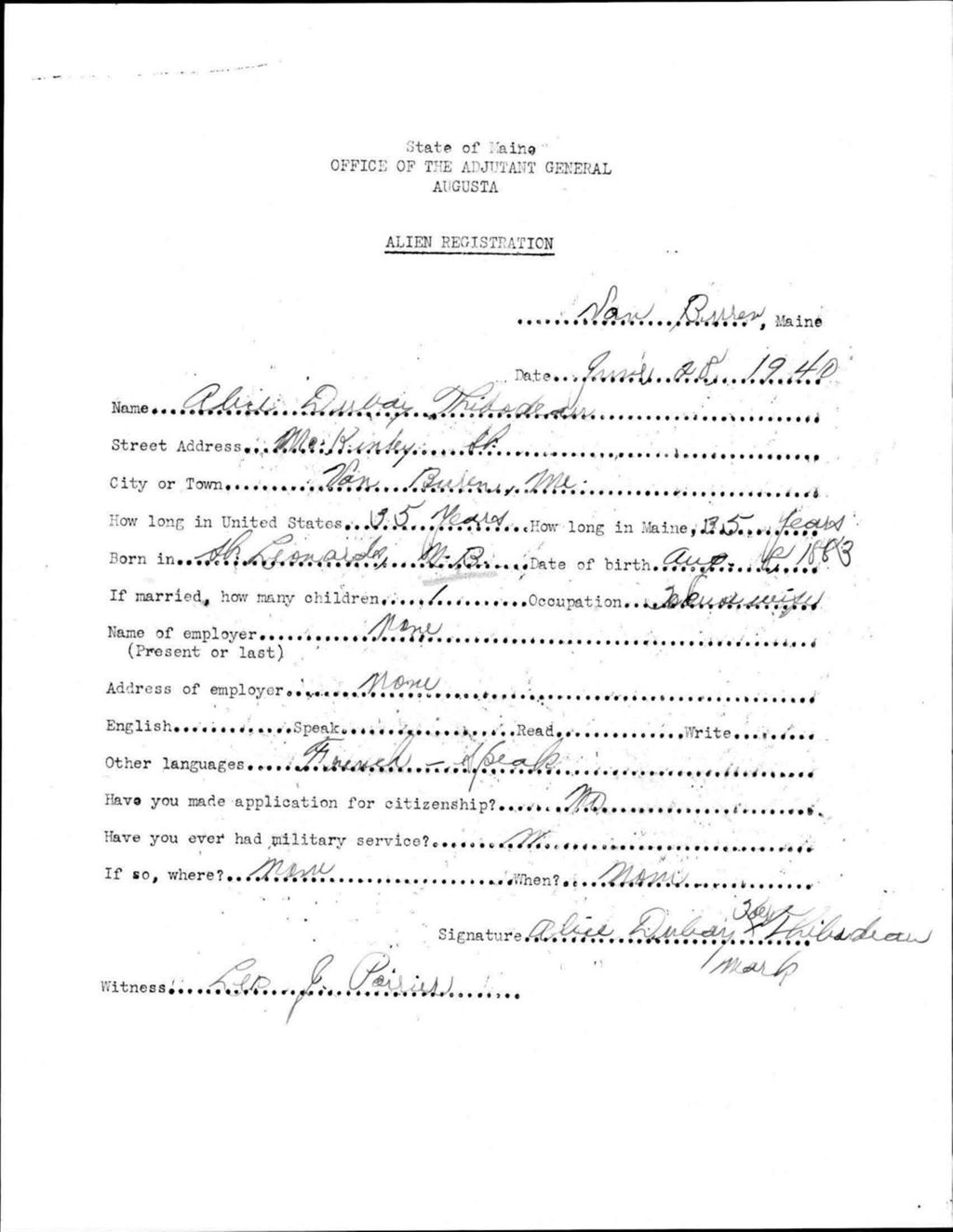 Miniature of Alien Registration- Dubay, Alice (Van Buren, Aroostook County)