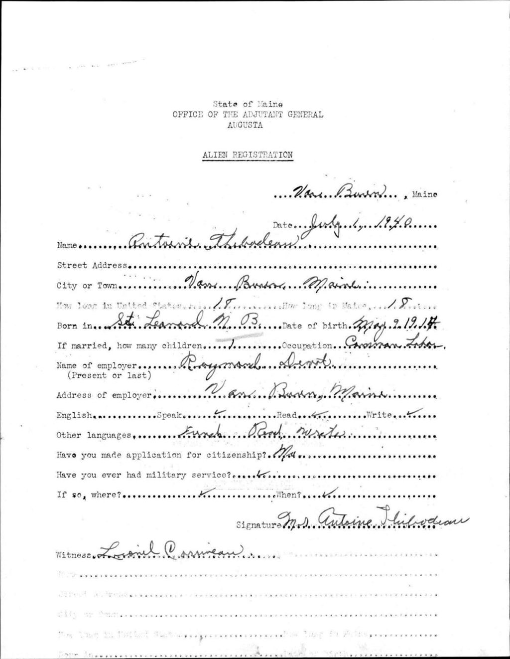 Miniature of Alien Registration- Thibodeau, Antoine (Van Buren, Aroostook County)