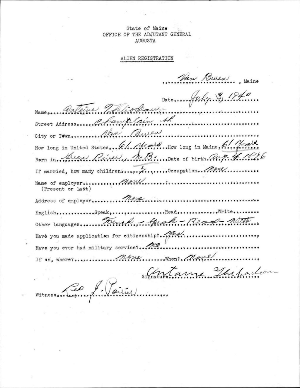 Miniature of Alien Registration- Thibodeau, Antoine (Van Buren, Aroostook County)