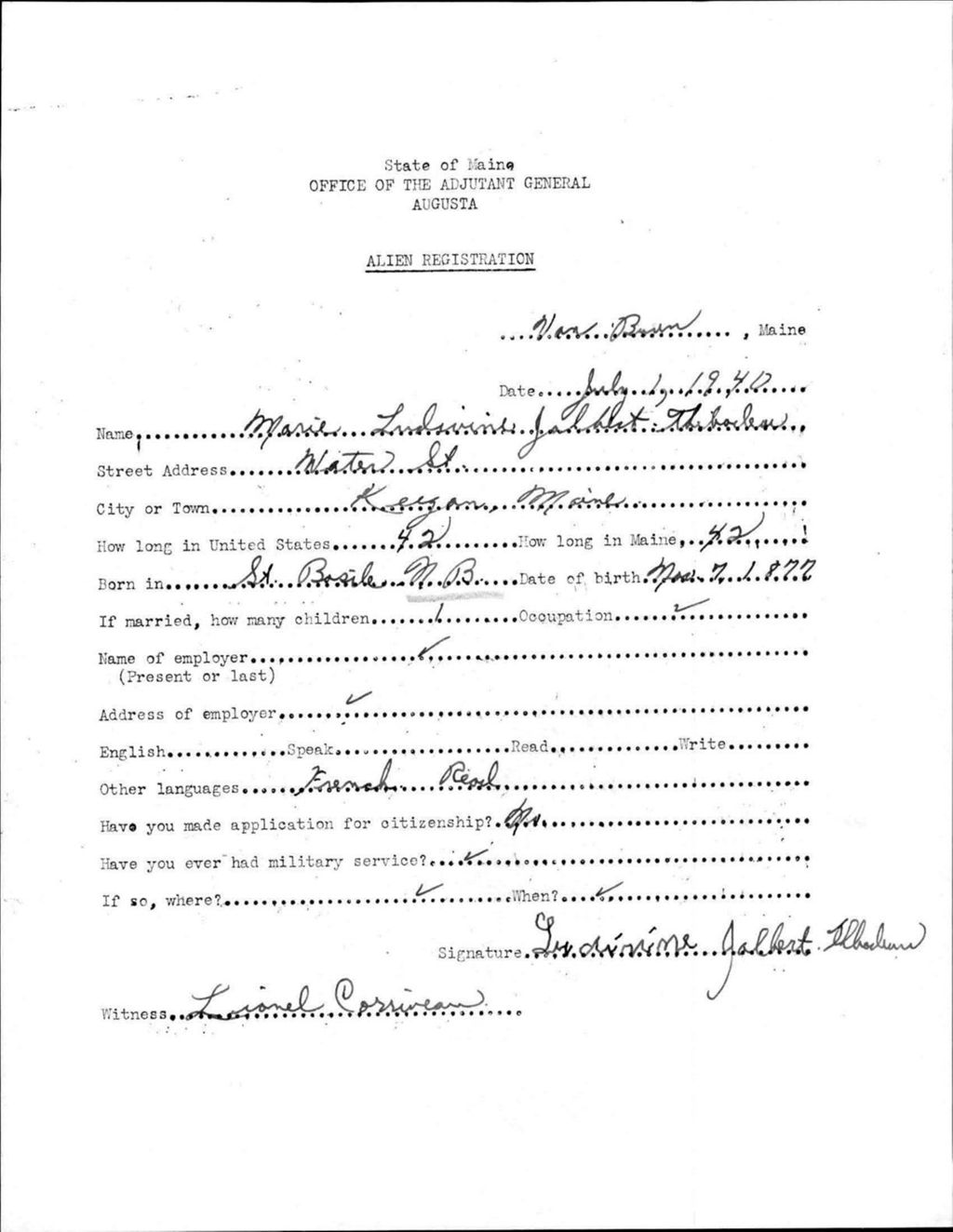 Miniature of Alien Registration- Jalbert, Marie L. (Van Buren, Aroostook County)