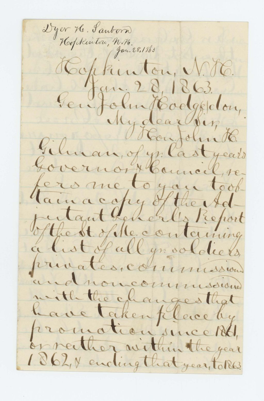 Miniature of Dyer Sanborn requests a copy of the Adjutant General's report for 1862