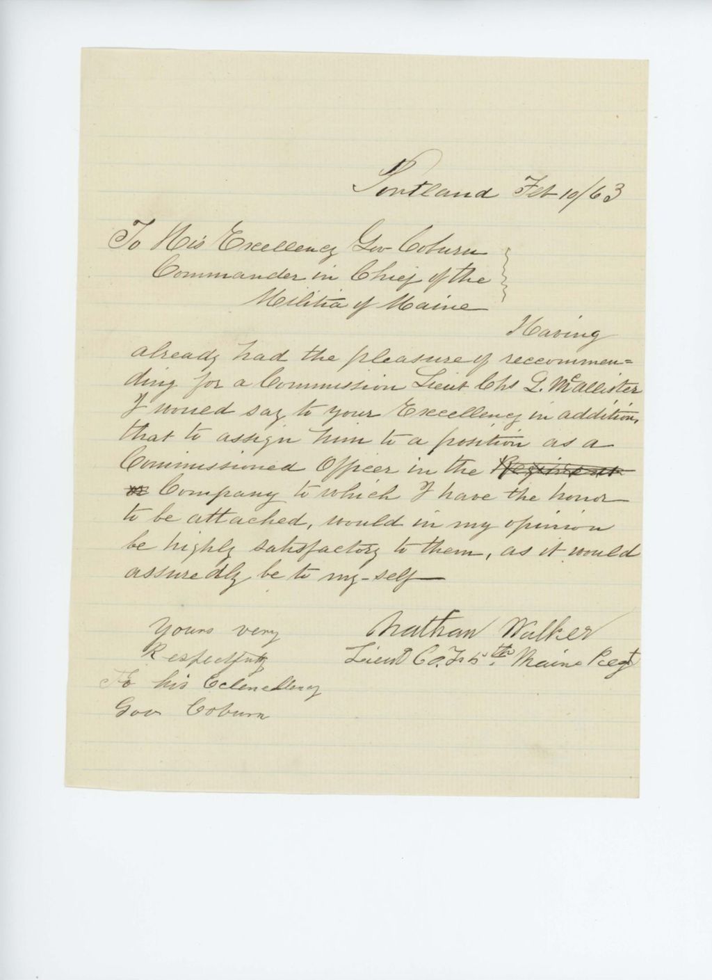 Miniature of Lieutenant Colonel Nathan Walker requests Charles McAllister be assigned to his regiment