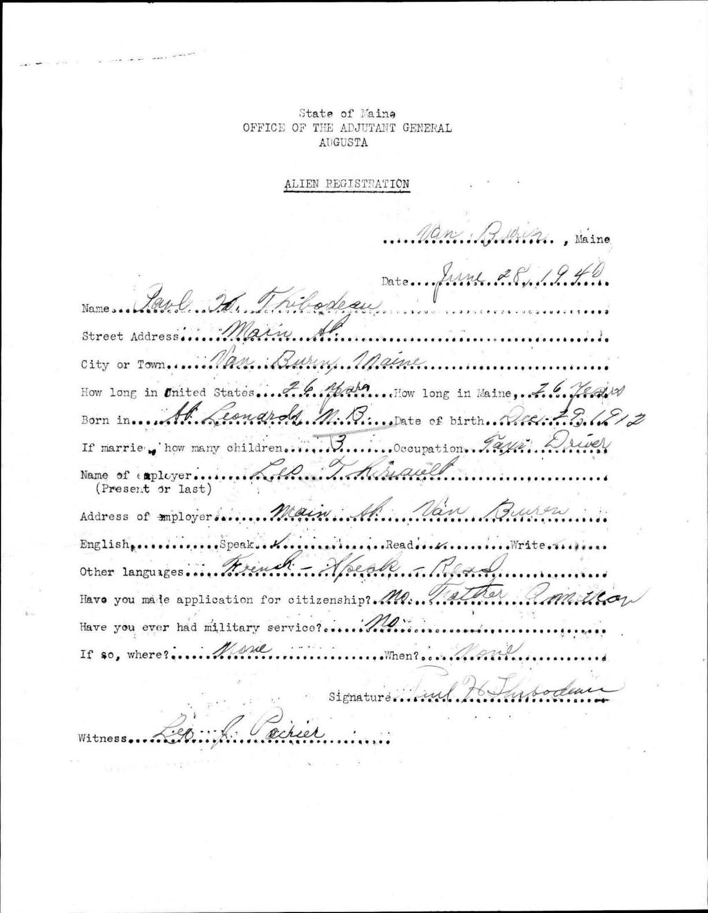 Miniature of Alien Registration- Thibodeau, Paul H. (Van Buren, Aroostook County)