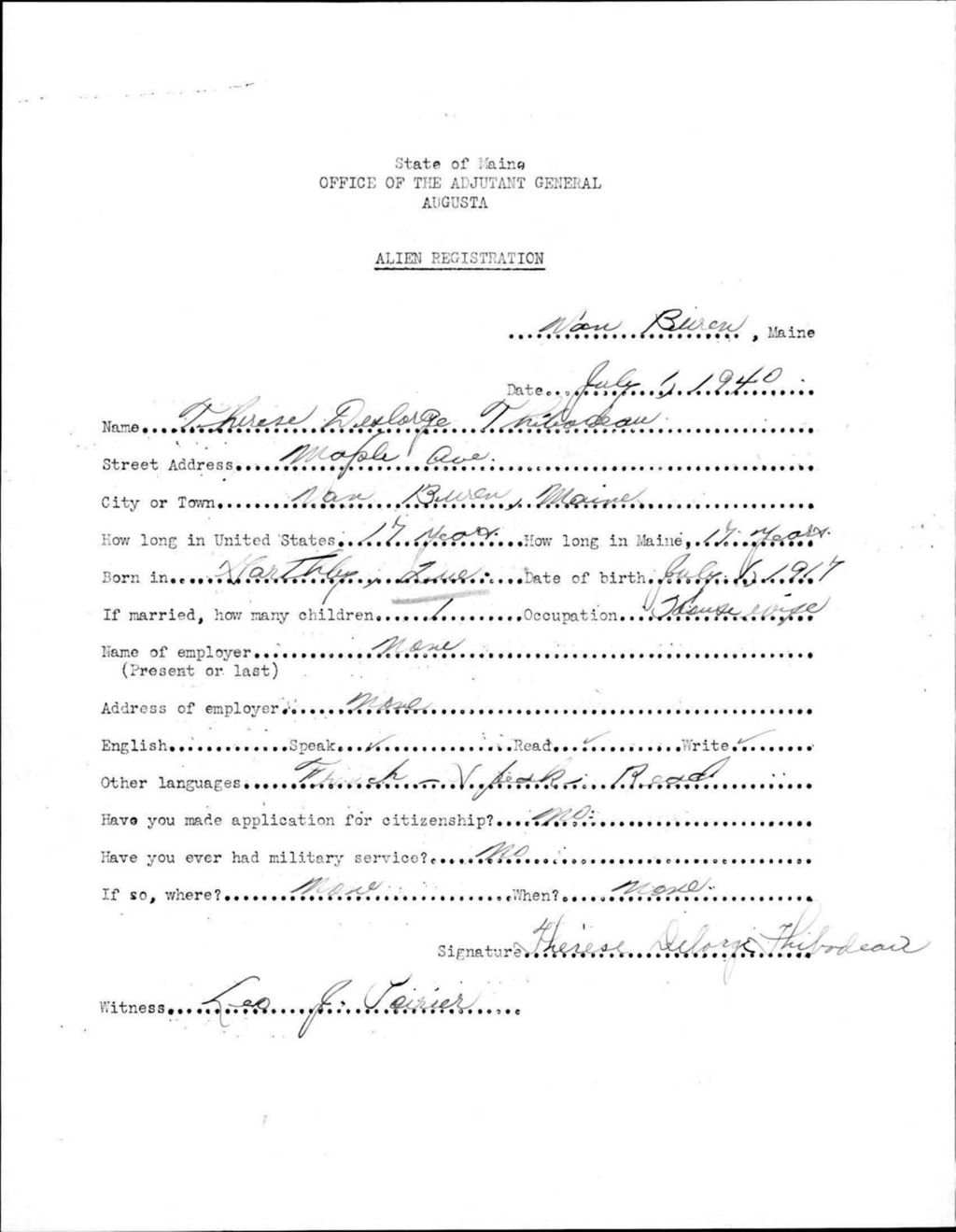 Miniature of Alien Registration- Deslorge, Therese (Van Buren, Aroostook County)