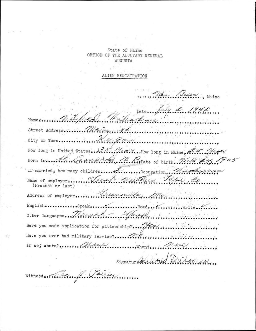 Miniature of Alien Registration- Thibodeau, Wilfred (Van Buren, Aroostook County)