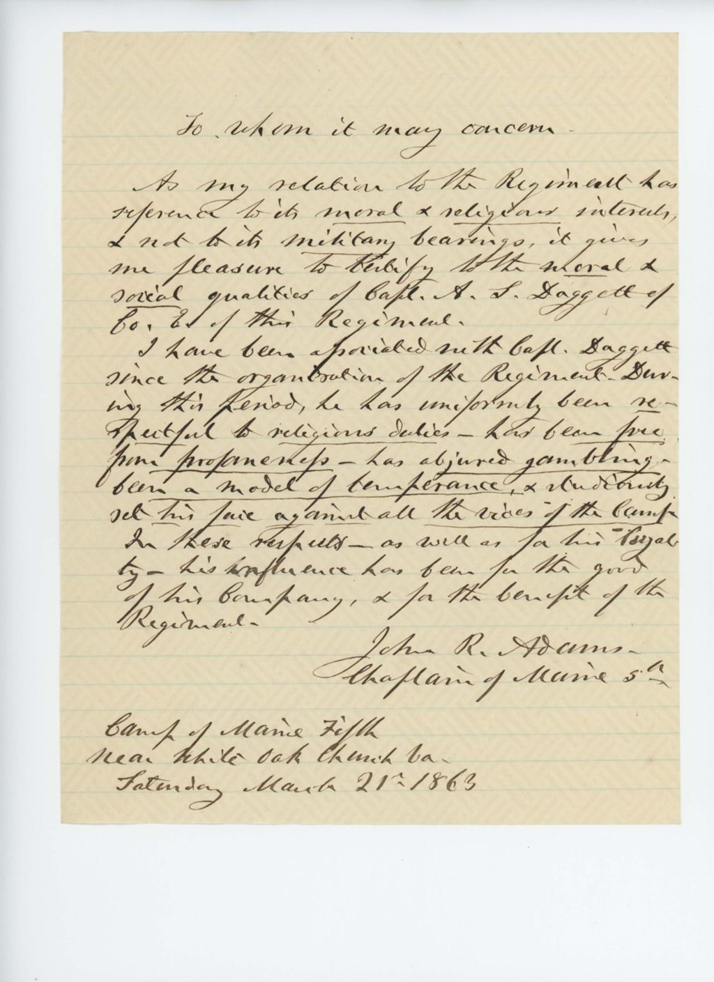 Miniature of Chaplain John R. Adams recommends Captain Daggett's moral and social qualities