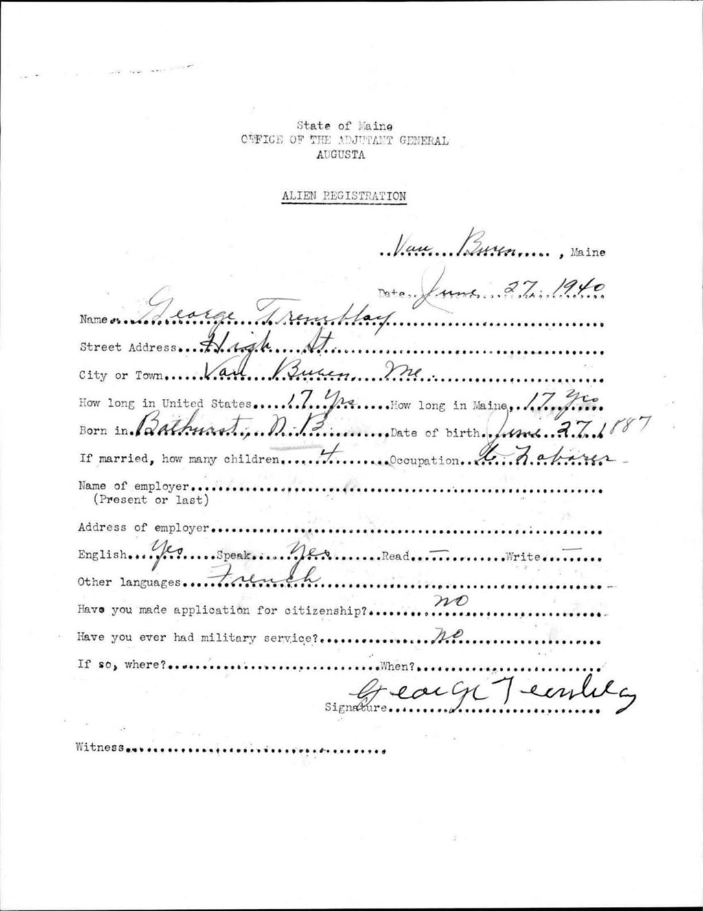 Miniature of Alien Registration- Tremblay, George (Van Buren, Aroostook County)