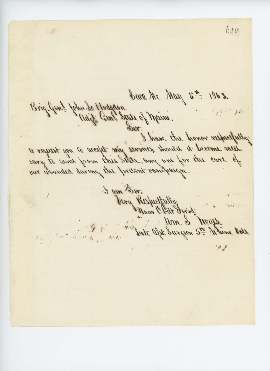 Miniature of William S. Noyes offers his services for care of the wounded
