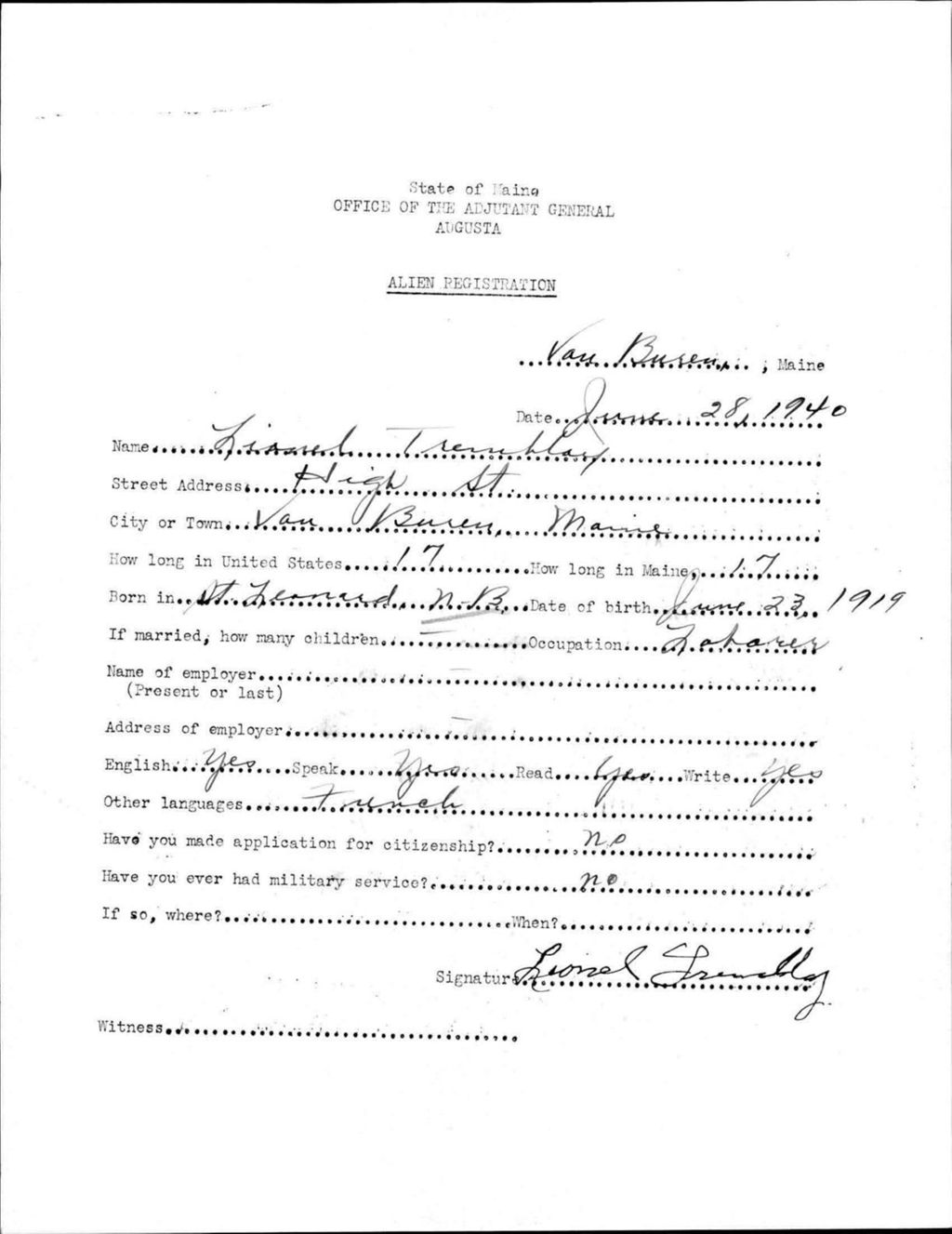Miniature of Alien Registration- Tremblay, Lionel (Van Buren, Aroostook County)