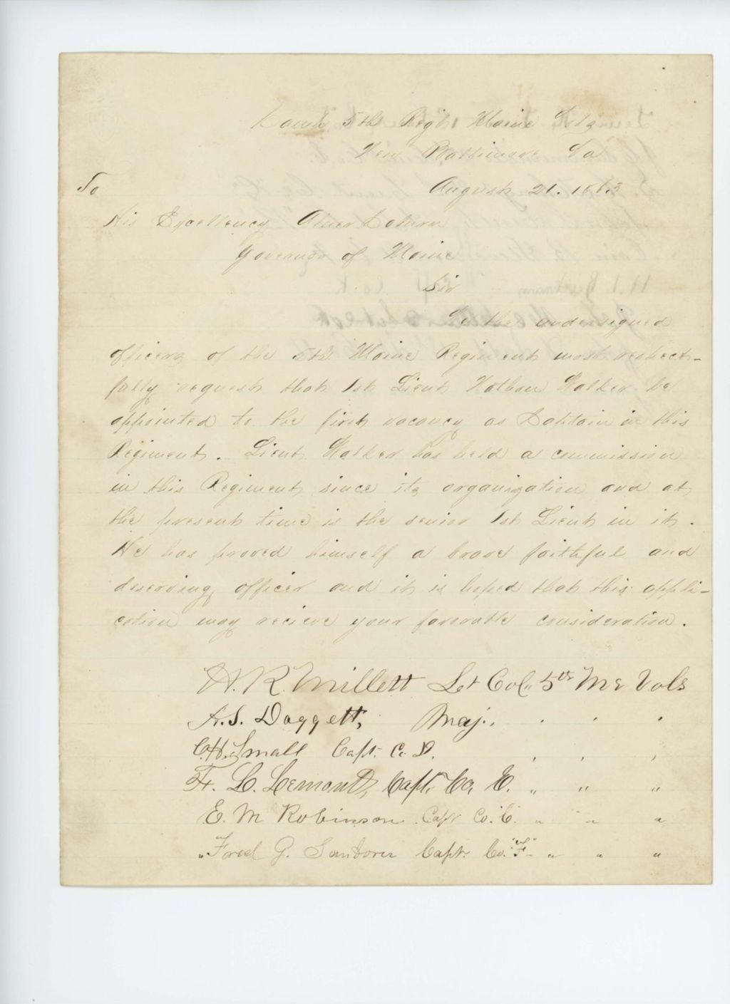 Miniature of Petition by Colonel Henry Millett and other officers for promotion of Lieutenant Nathan Walker