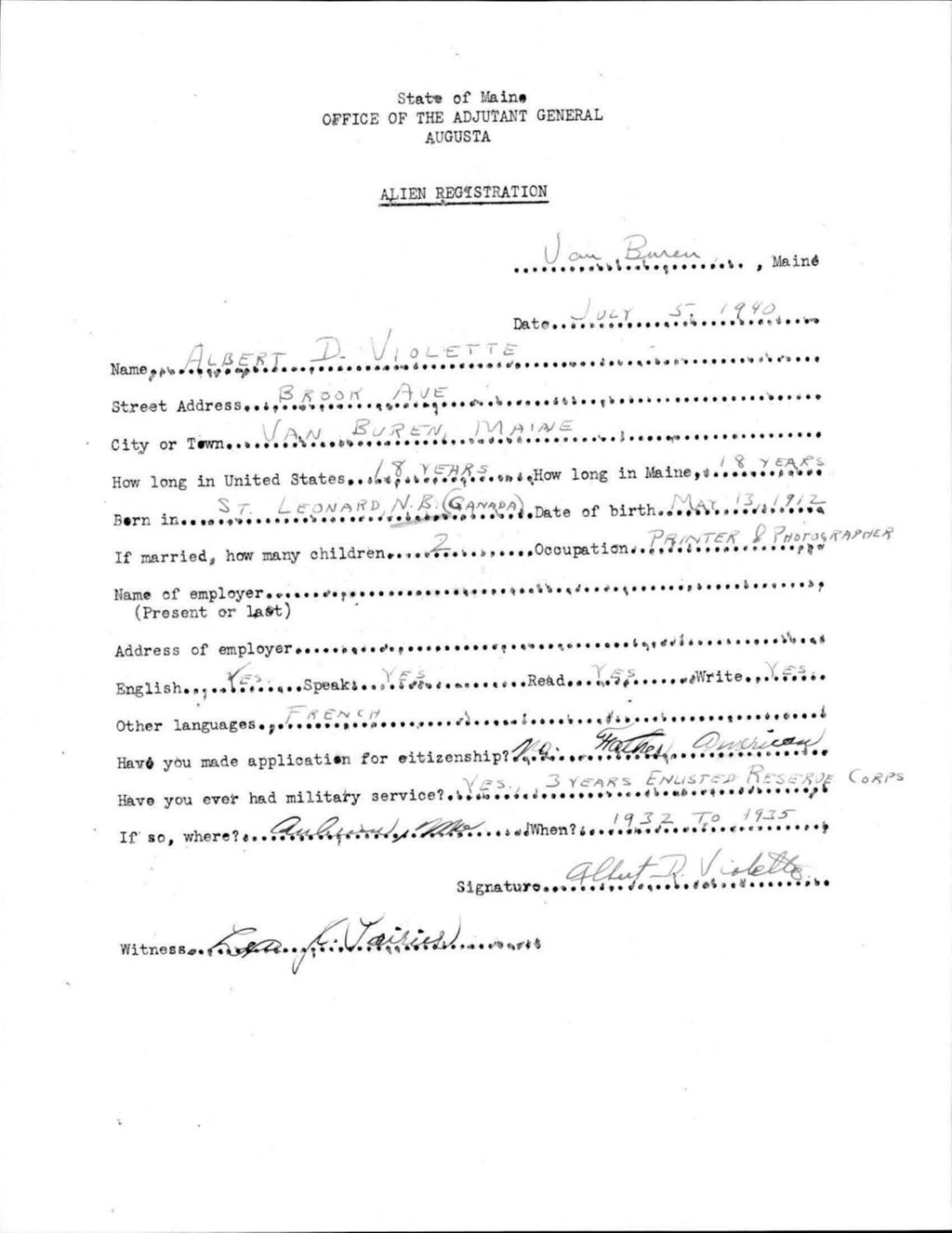 Miniature of Alien Registration- Violette, Albert D. (Van Buren, Aroostook County)