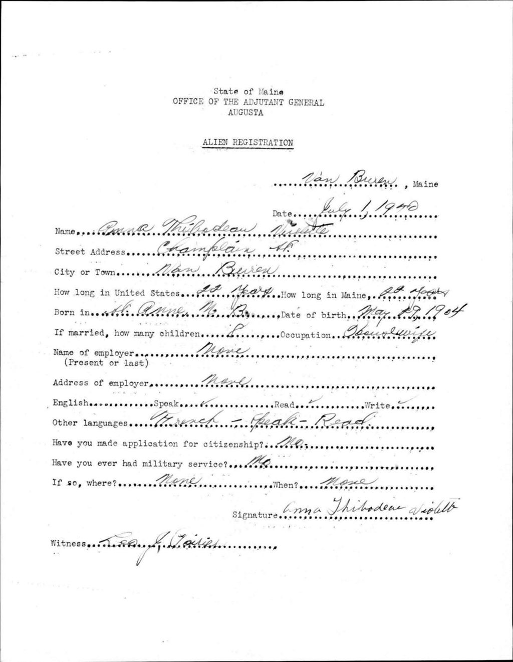 Miniature of Alien Registration- Thibodeau, Anna (Van Buren, Aroostook County)