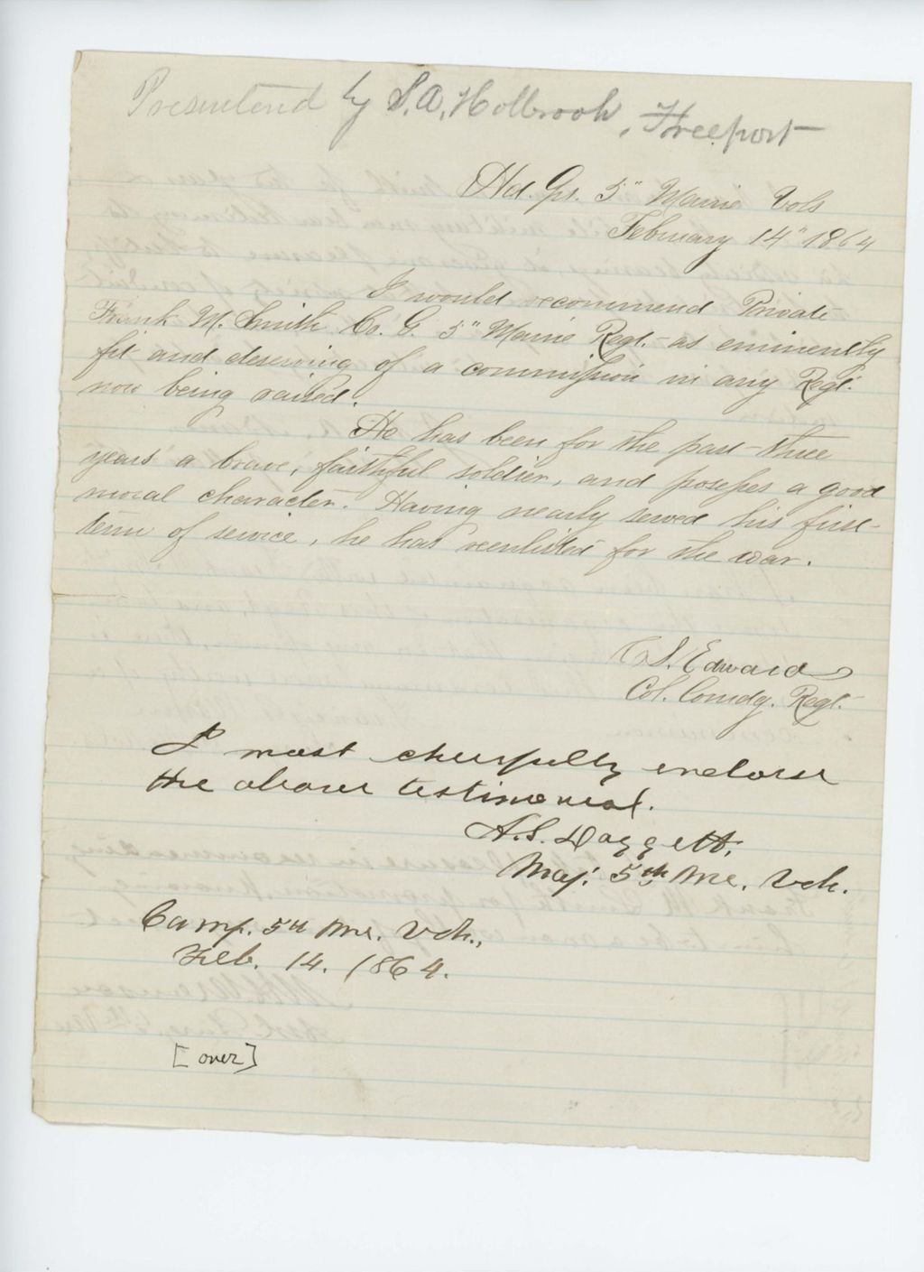 Miniature of Colonel C.S. Edwards recommends Private Frank M. Smith for commission