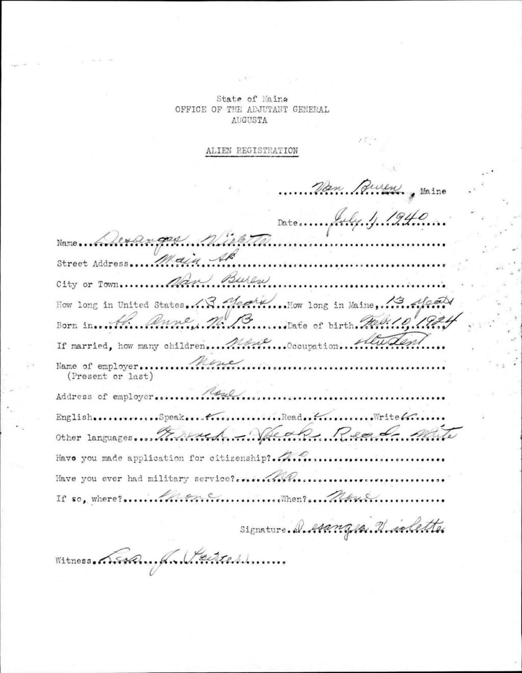 Miniature of Alien Registration- Violette, Desanges (Van Buren, Aroostook County)