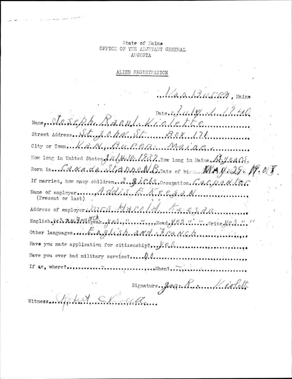 Miniature of Alien Registration- Violette, Joseph R. (Van Buren, Aroostook County)
