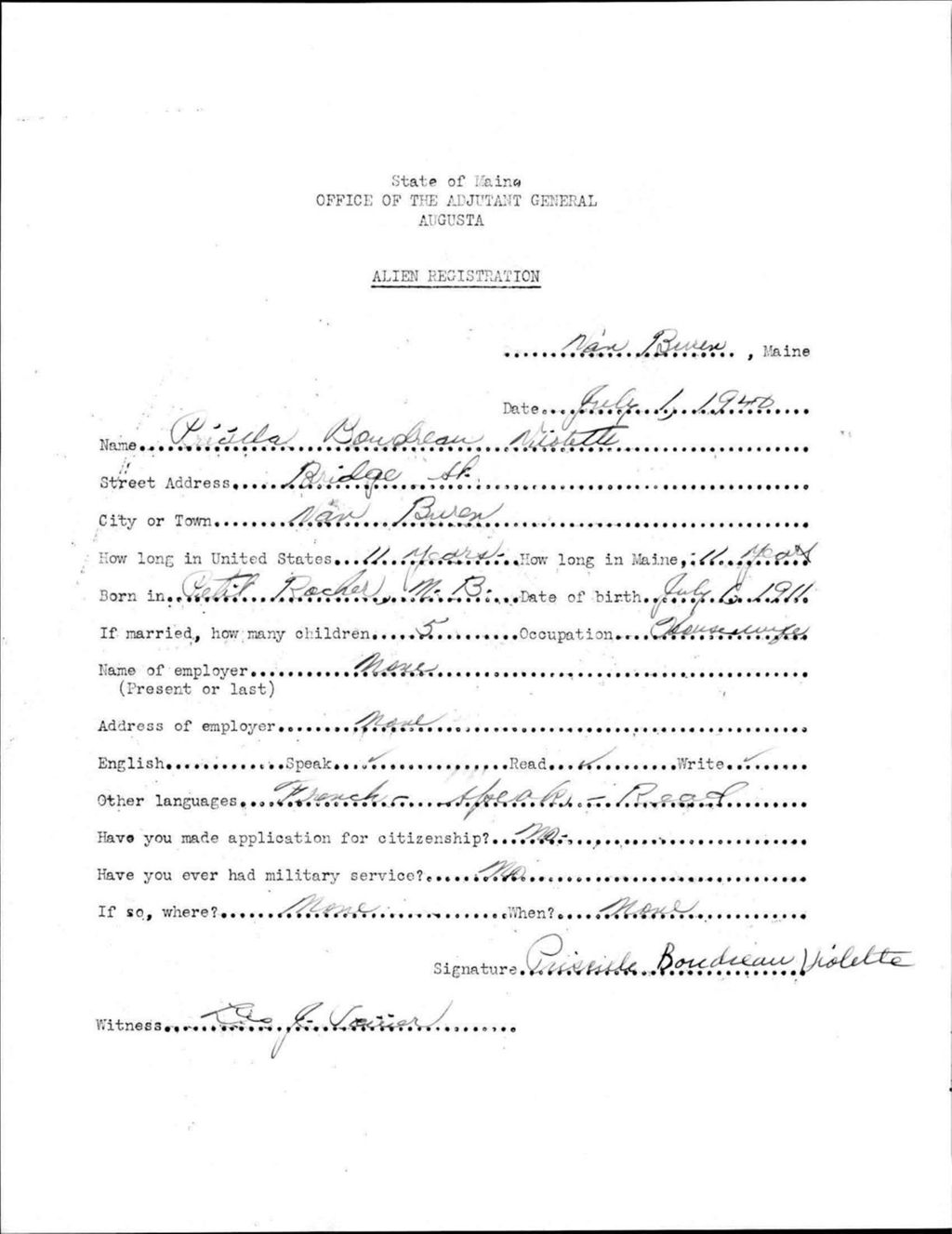 Miniature of Alien Registration- Boudreau, Pricilla (Van Buren, Aroostook County)