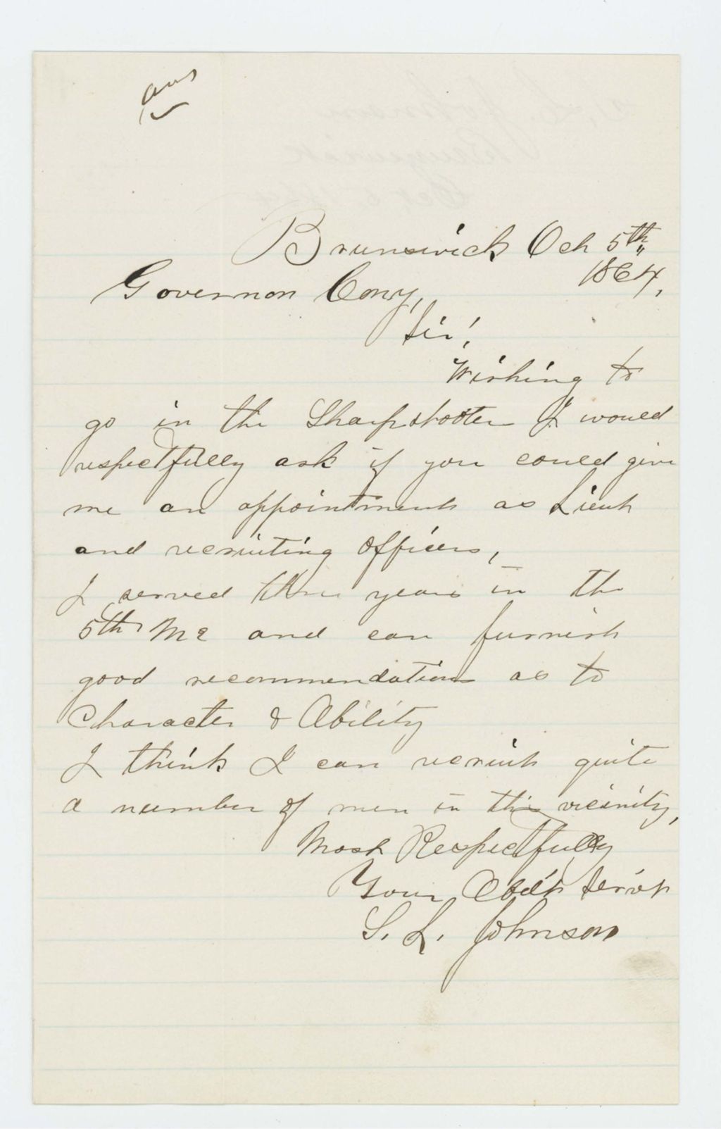 Miniature of S.L. Johnson requests an appointment as Lieutenant in the Sharpshooters regiment