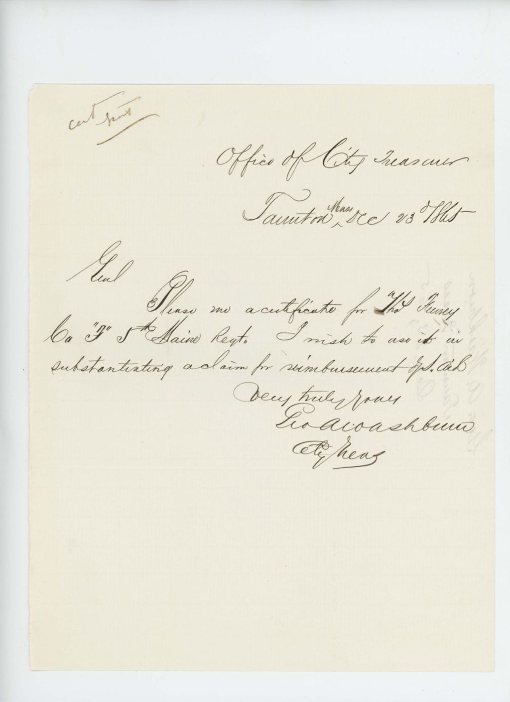 Miniature of George A. Washburn requests a certificate for Thomas Feeney of Company F