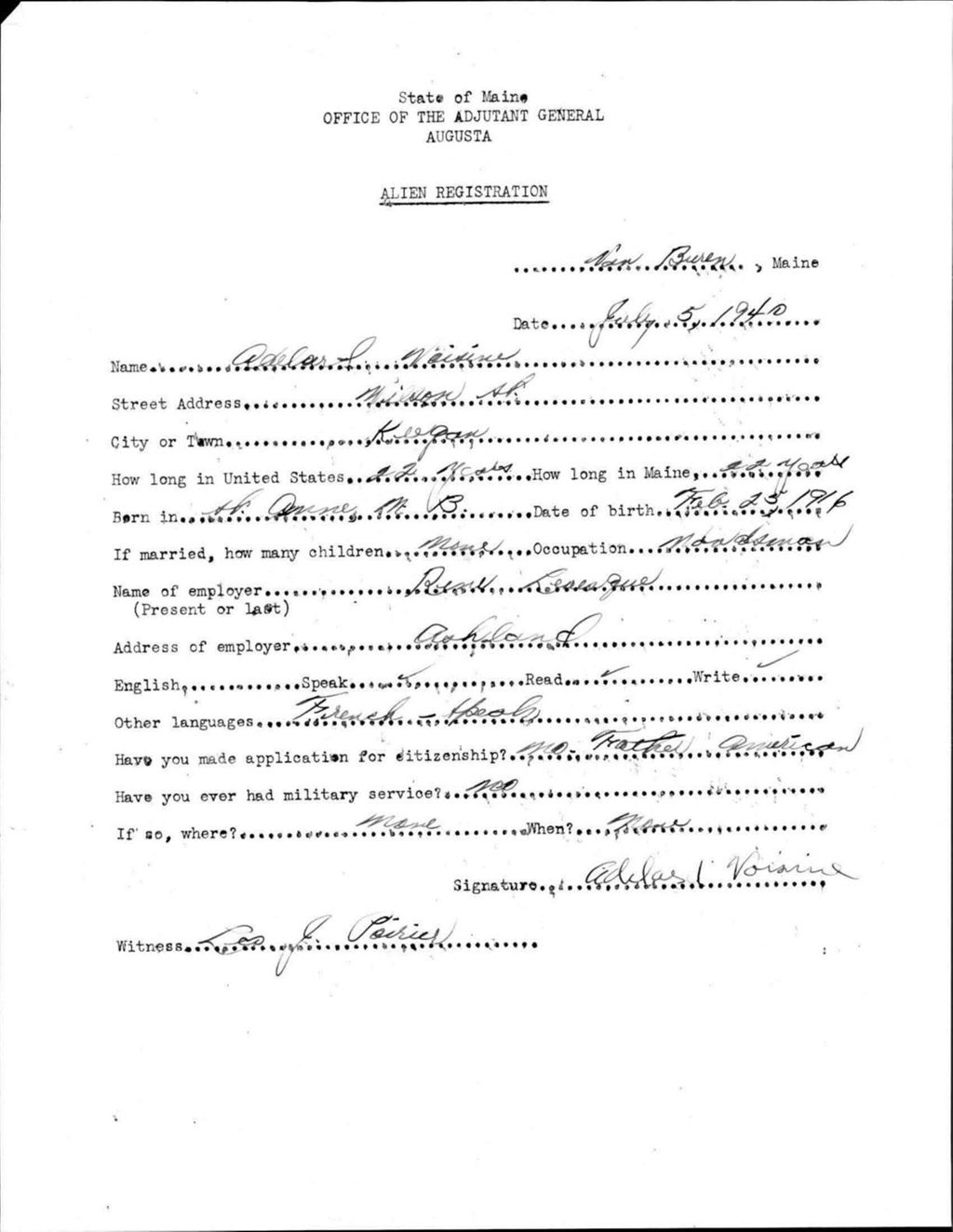 Miniature of Alien Registration- Voisine, Adelas (Van Buren, Aroostook County)