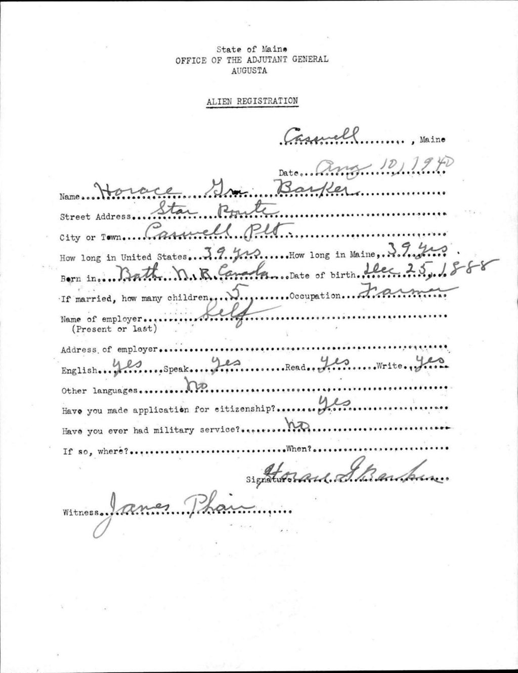 Miniature of Alien Registration- Barker, Horace G. (Caswell, Aroostook County)