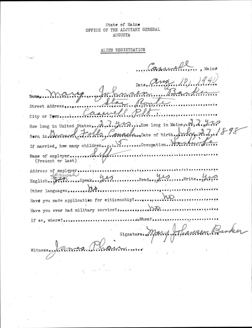 Miniature of Alien Registration- Johnson, Mary (Allagash, Aroostook County)