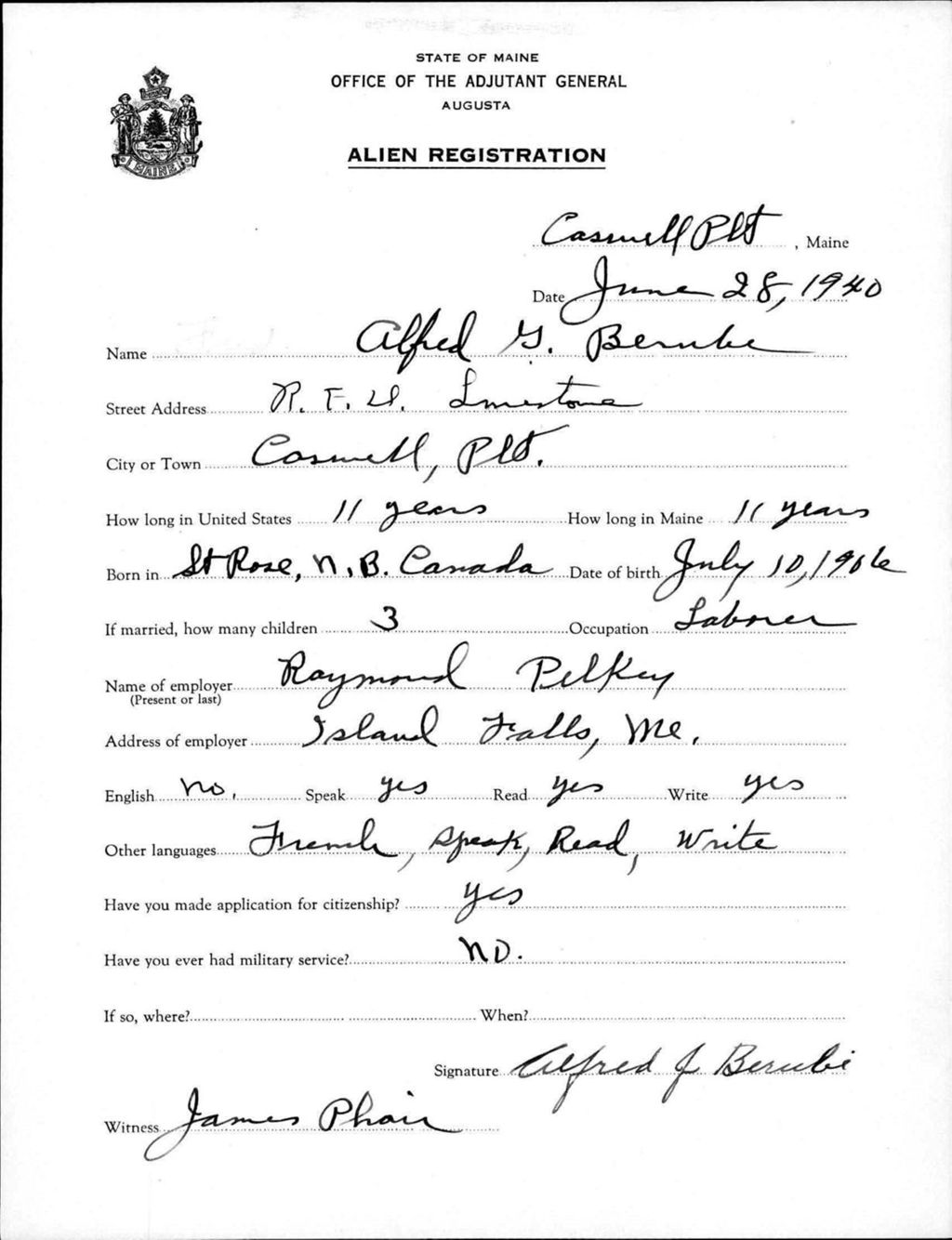 Miniature of Alien Registration- Berube, Alfred G. (Allagash, Aroostook County)