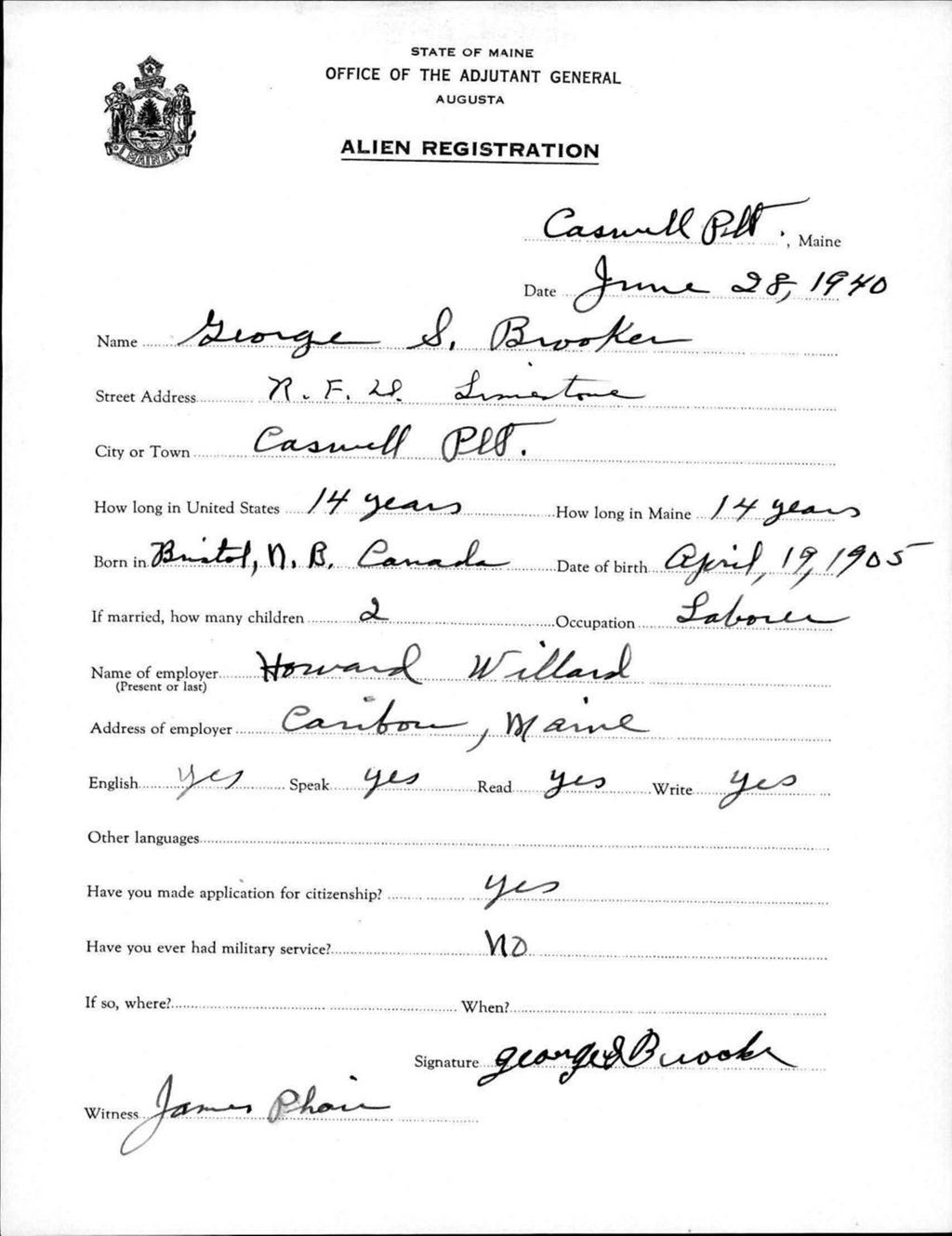 Miniature of Alien Registration- Brooker, George S. (Allagash, Aroostook County)