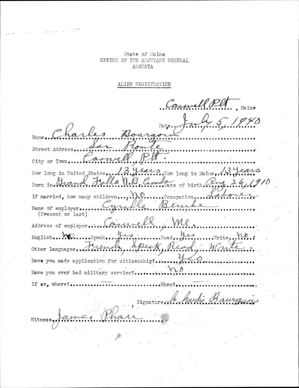 Miniature of Alien Registration- Bourgoin, Charles (Allagash, Aroostook County)