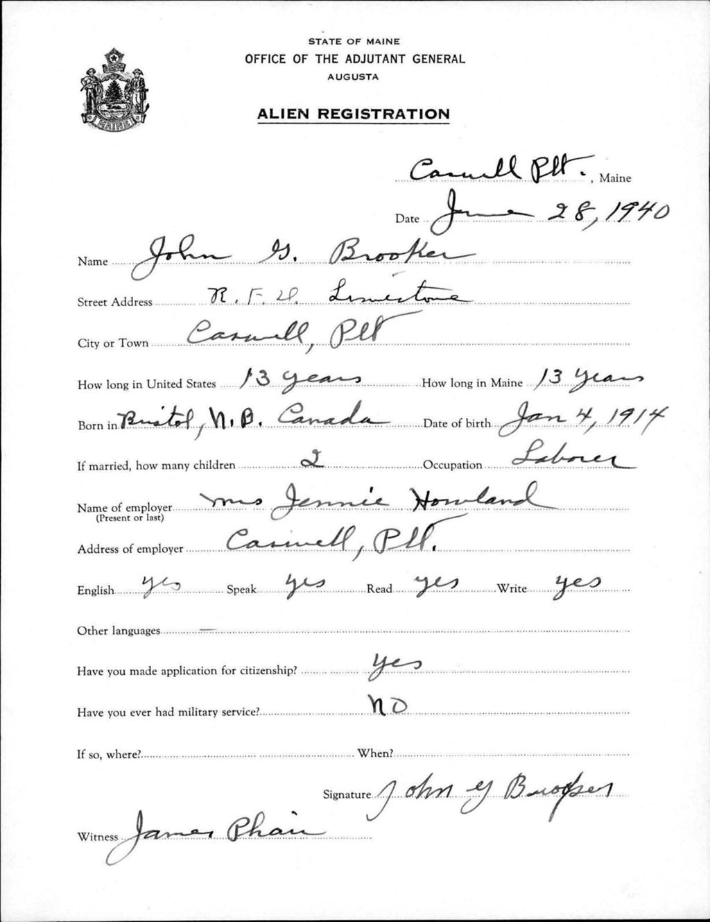 Miniature of Alien Registration- Brooker, John G. (Allagash, Aroostook County)