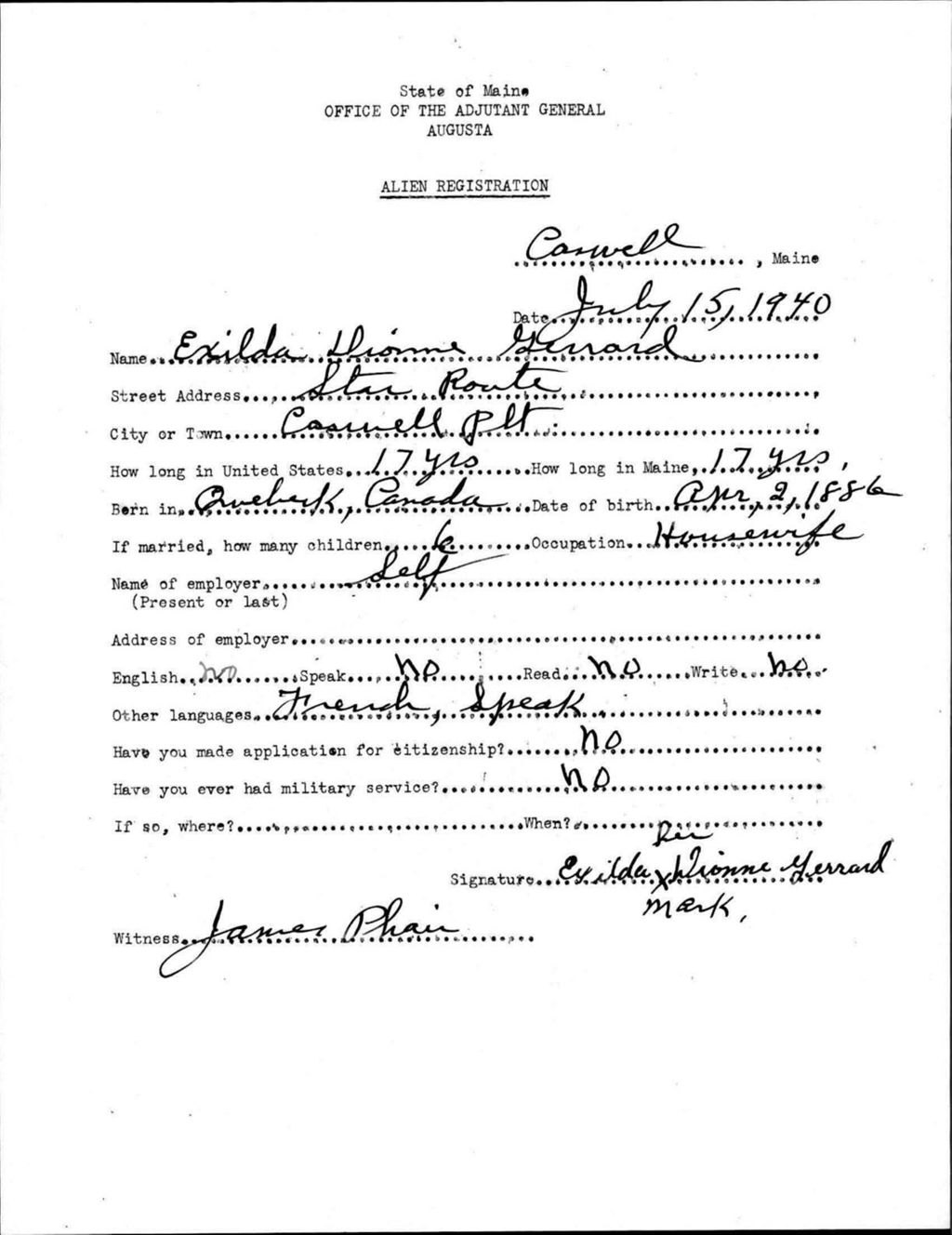 Miniature of Alien Registration- Dionne, Exilda (Allagash, Aroostook County)