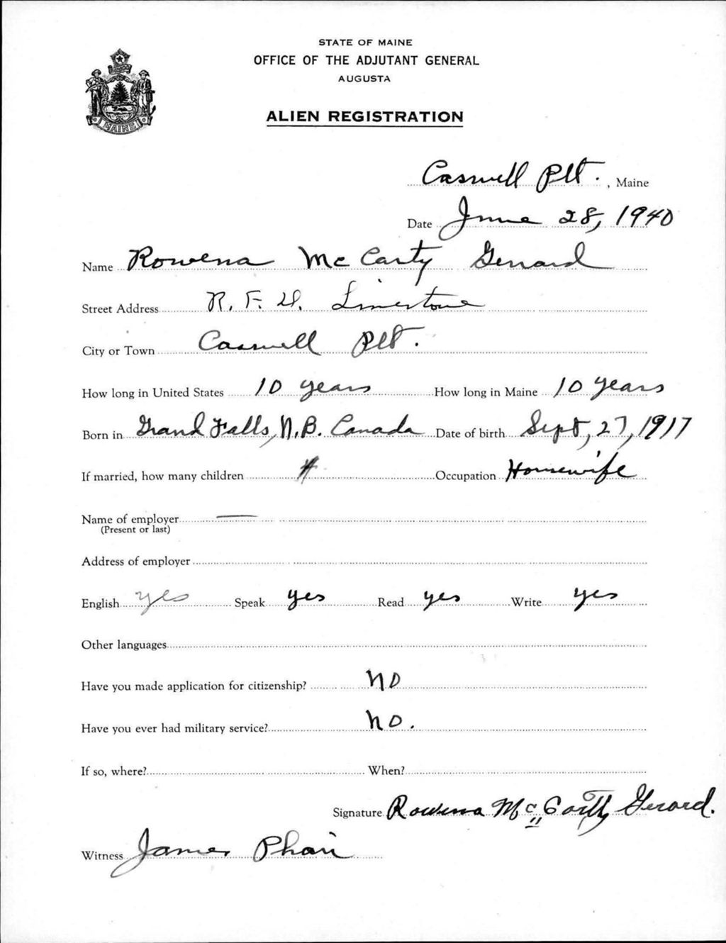 Miniature of Alien Registration- Mccarty, Rowena (Allagash, Aroostook County)