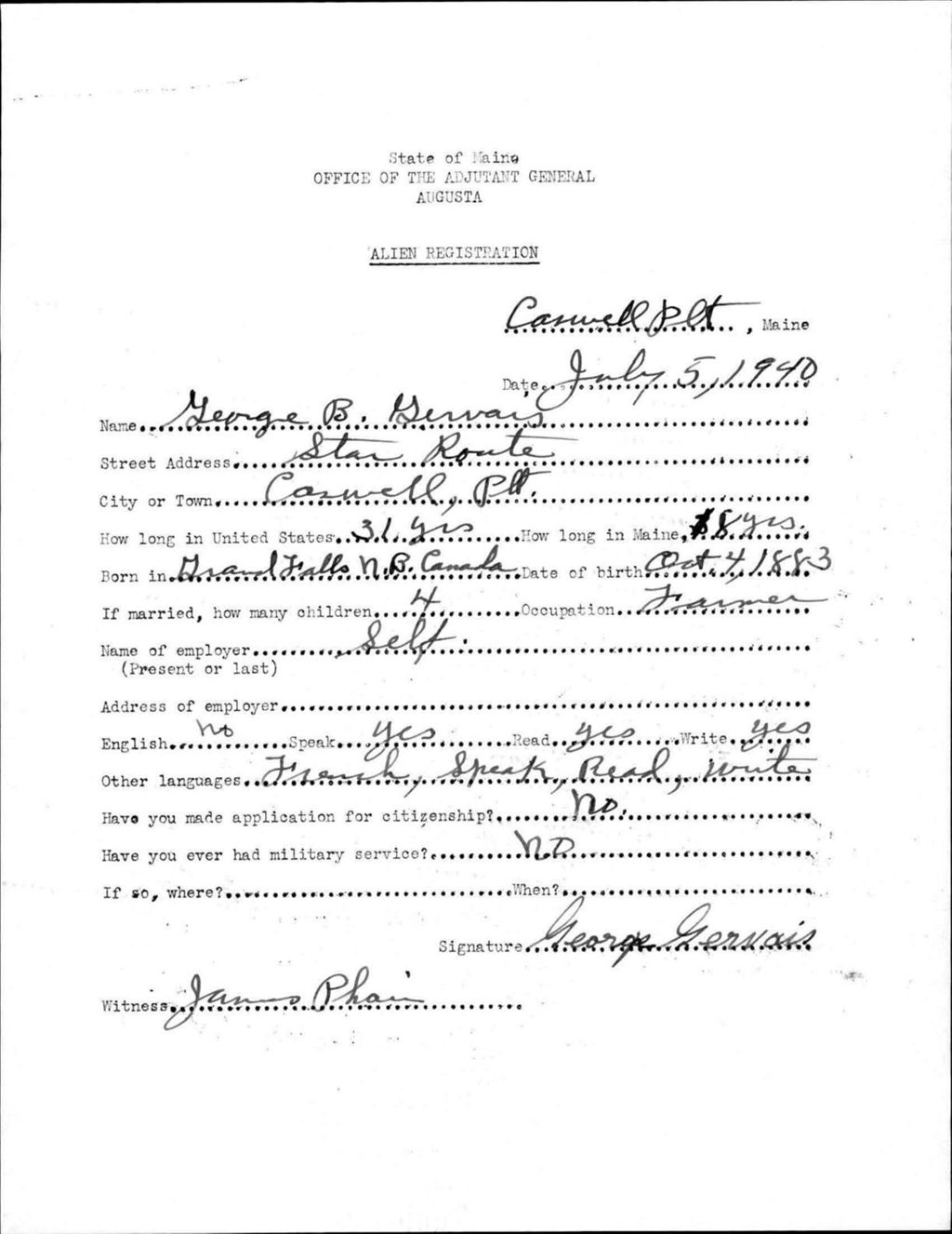 Miniature of Alien Registration- Gervais, George B. (Allagash, Aroostook County)