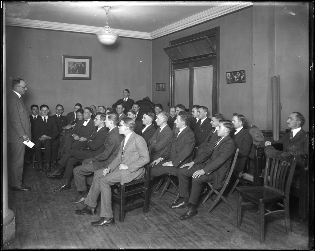 Miniature of All Male Group Of Collee Students In Class Listening To A Speaker, Nj
