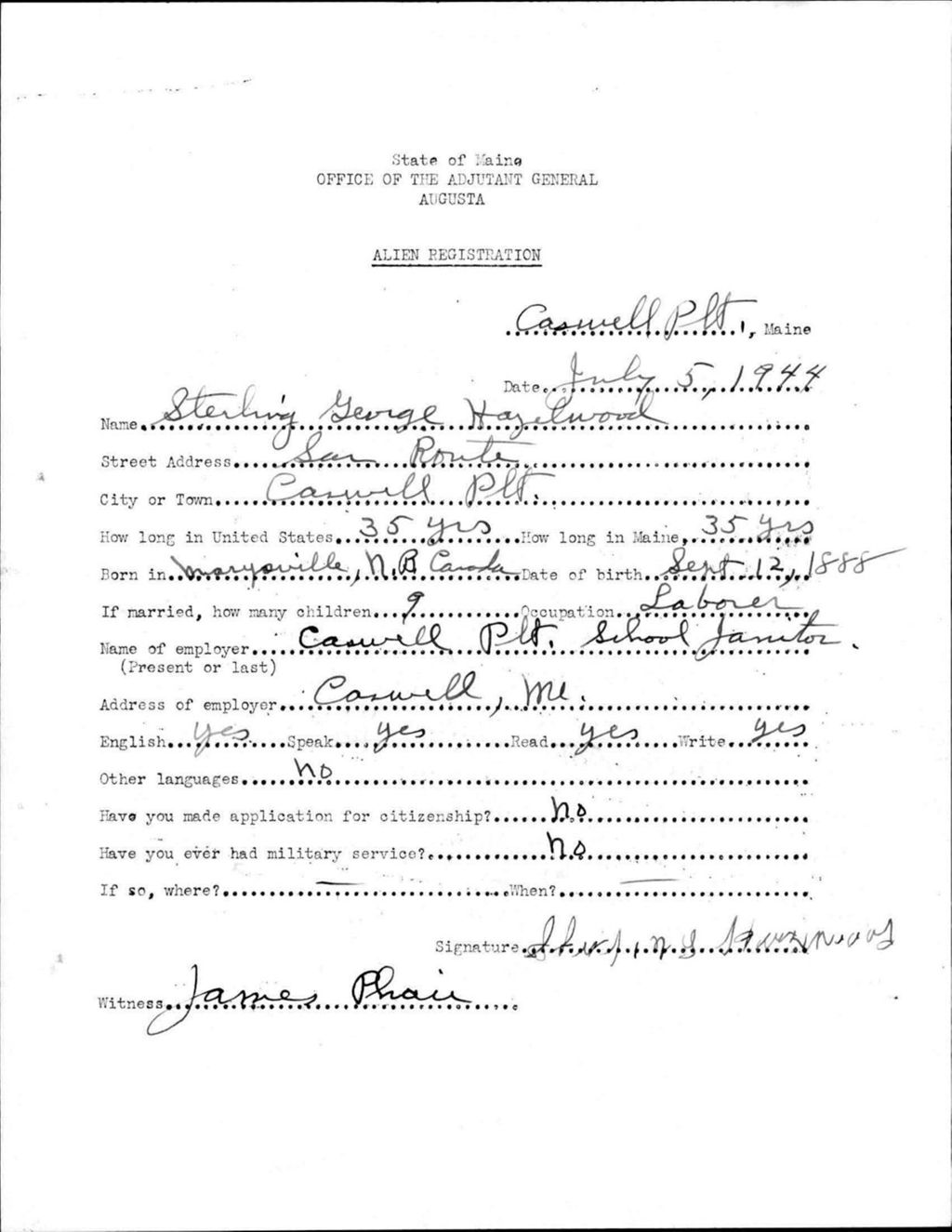 Miniature of Alien Registration- Hazelwood, Sterling G. (Allagash, Aroostook County)